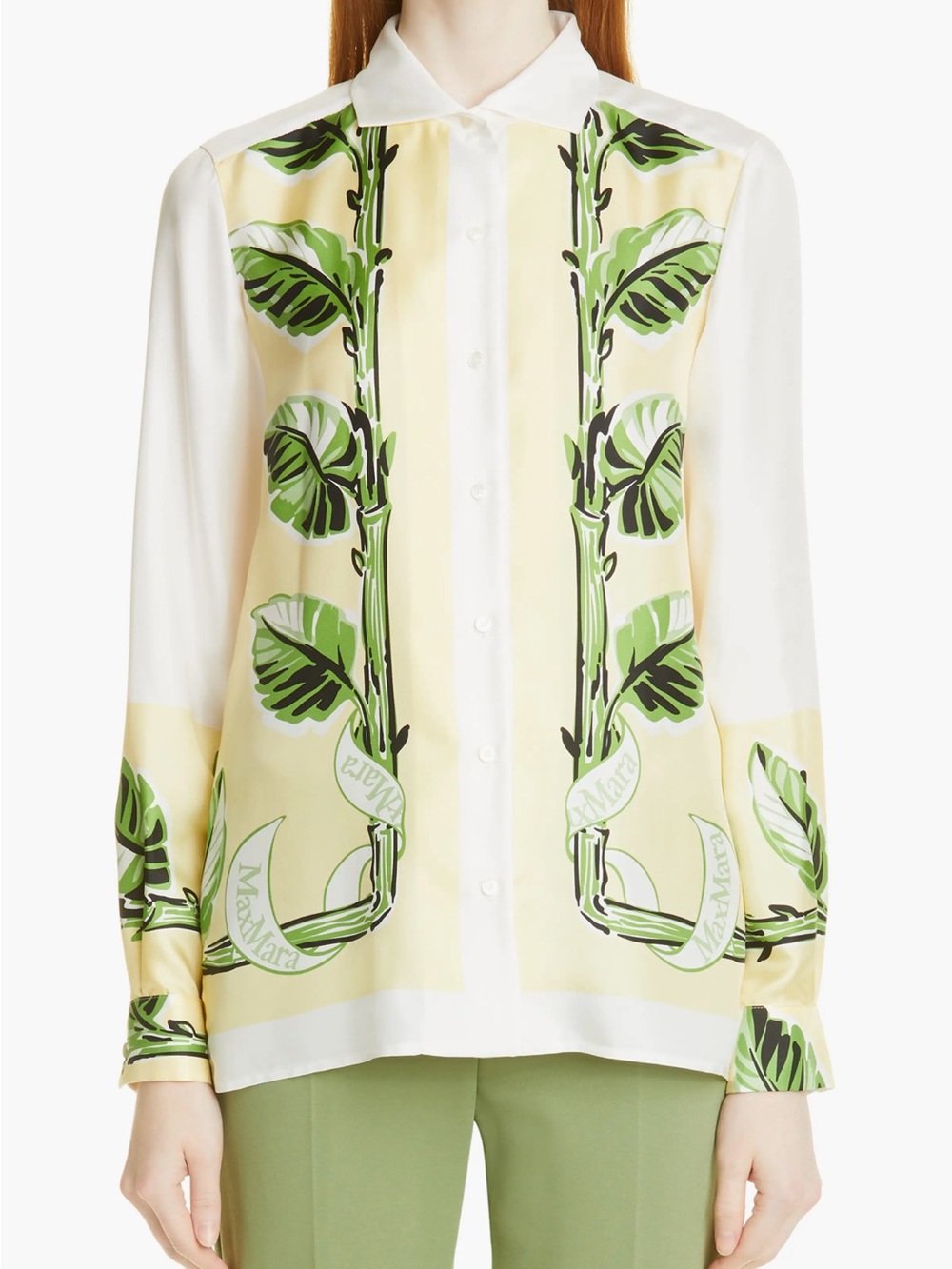 MaxMara Green Leaf Palm Print Silk Button-Up Blouse size 4 women’s